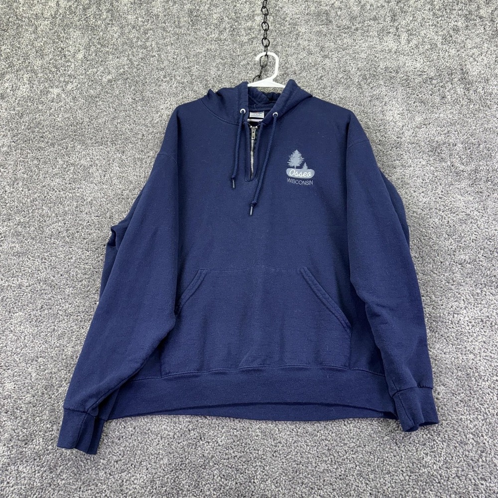 Jerzees Hoodie Mens XL Blue Fleece 1/4 Zip Pullover Osseo Wisconsin Graphic
